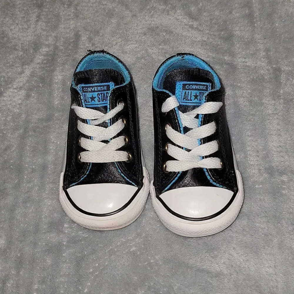 Converse All Stars Low Black Leather Blue Trim CTSA Shoes Baby Size 4